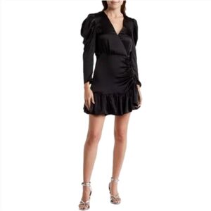 Steve Madden Black Long Sleeve Dress Ruffle Frills Wrap Satin Women's Small NWT